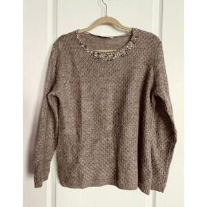 Canda C&A Jeweled Neckline Sweater Taupe Knit Pearl Crystal Embellished Women M